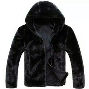 COPY - Faux Mink Fur Coat (Black) with Hood (attached) and Zipper Closure